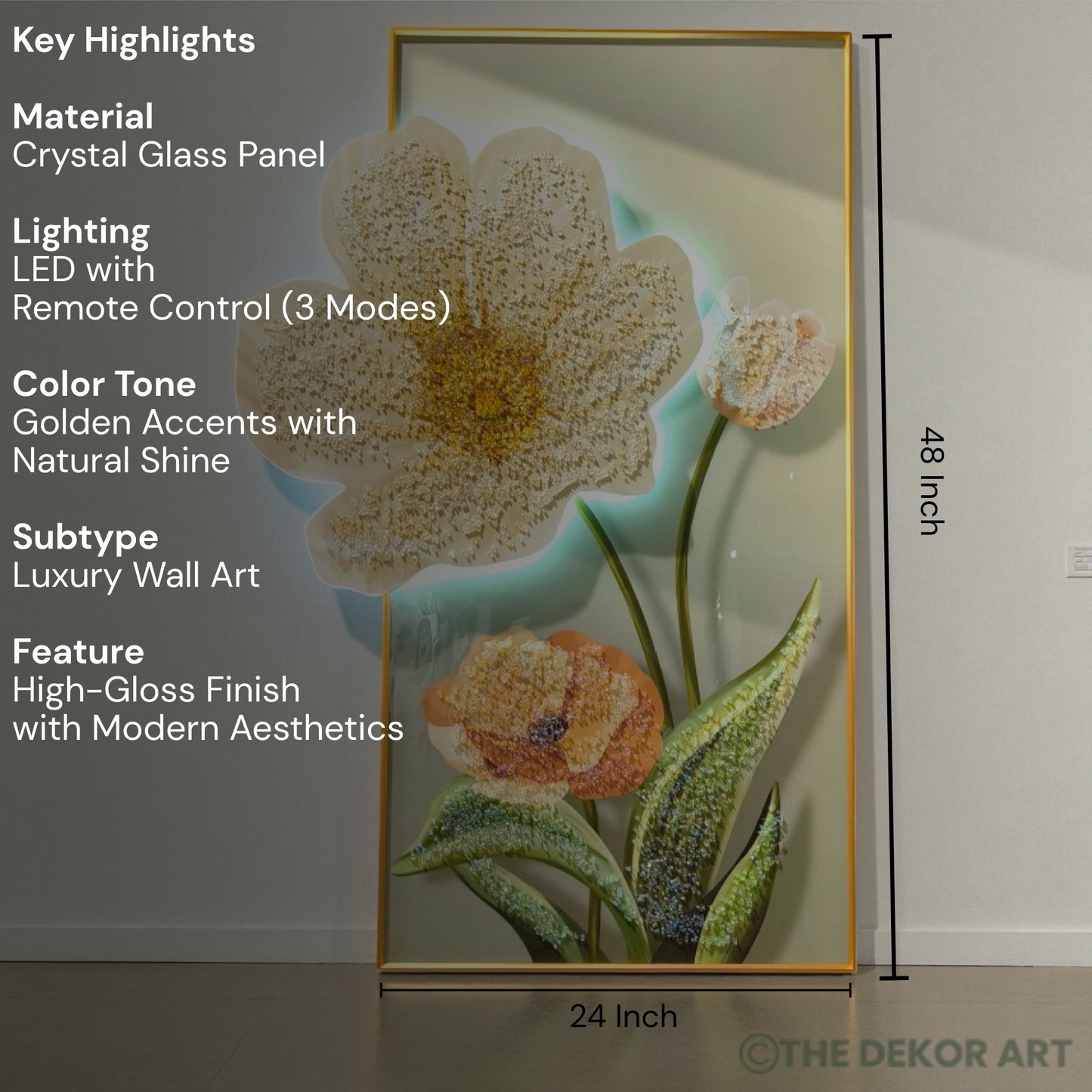 Crystal Floral Wall Painting — LED Glow Finish; 24×48 inches