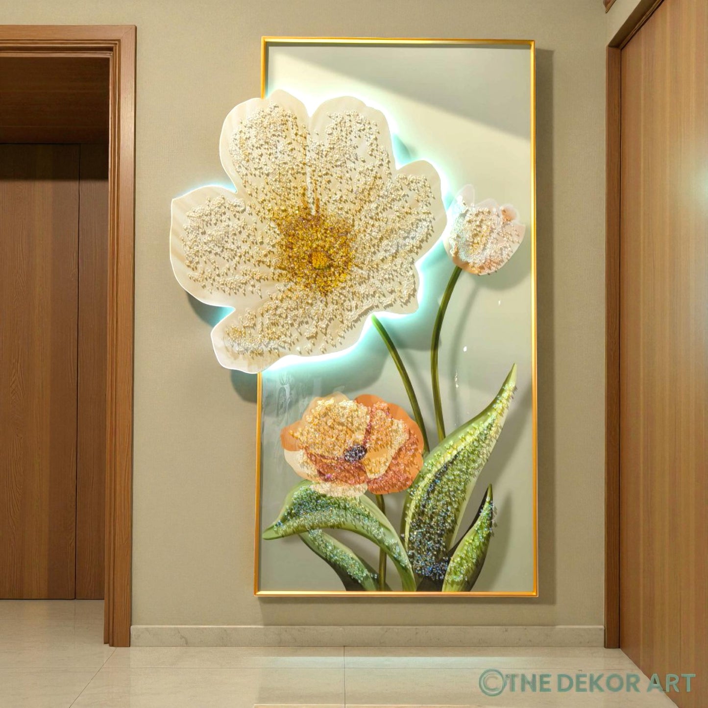 Crystal Floral Wall Painting — LED Glow Finish; 24×48 inches