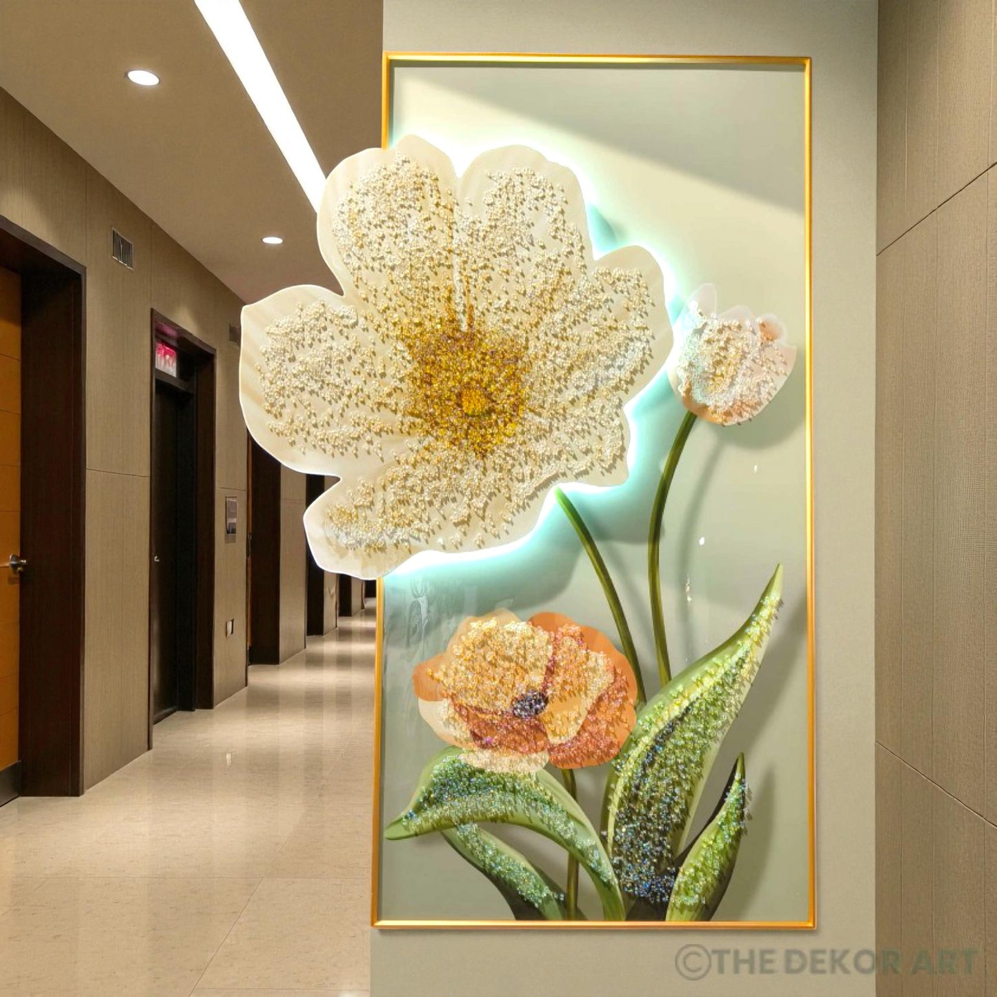 Crystal Floral Wall Painting — LED Glow Finish; 24×48 inches