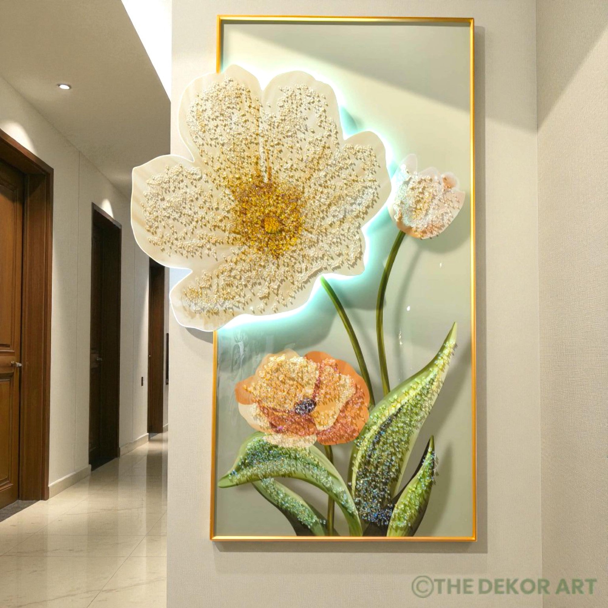Crystal Floral Wall Painting — LED Glow Finish; 24×48 inches