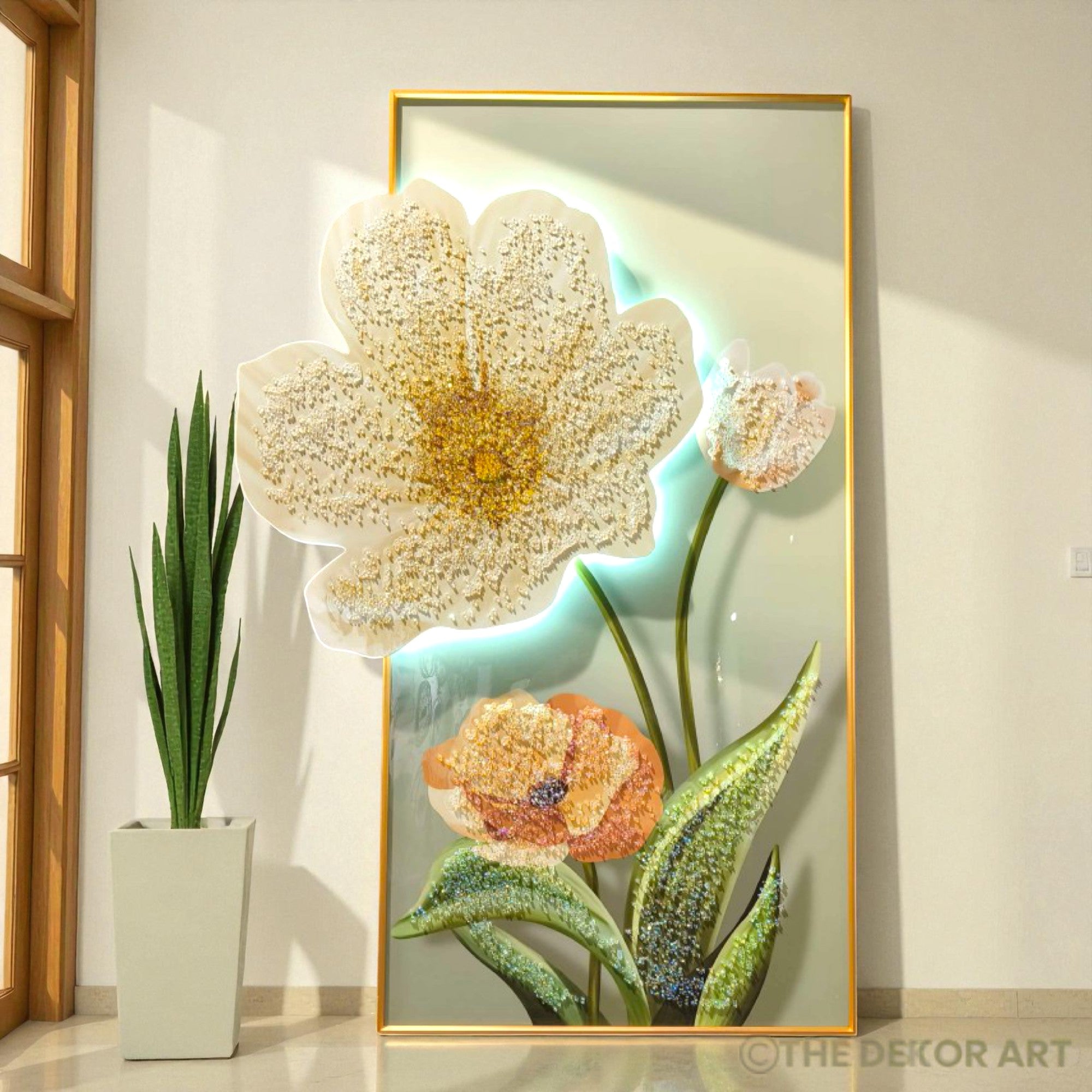 Crystal Floral Wall Painting — LED Glow Finish; 24×48 inches