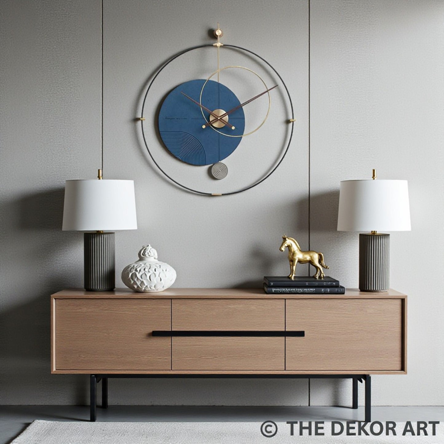 Geometric PVD Designer Wall Clock — gold detailing with blue accent; 32×36 Inches