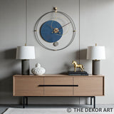 Geometric PVD Designer Wall Clock — gold detailing with blue accent; 32×36 Inches