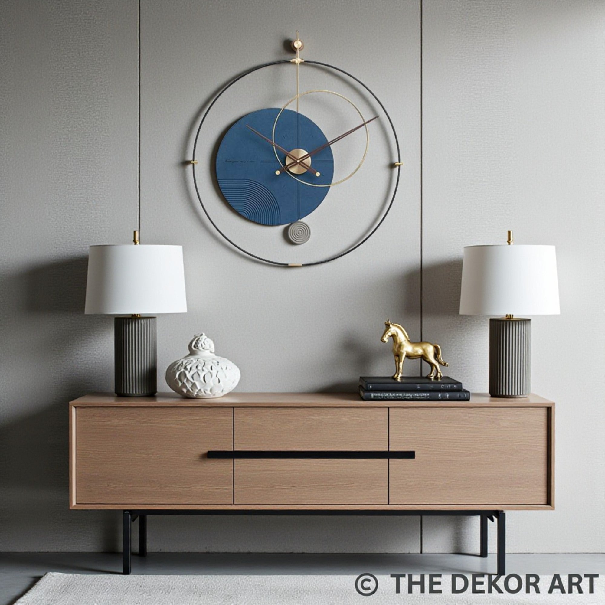 Geometric PVD Designer Wall Clock — gold detailing with blue accent; 32×36 Inches