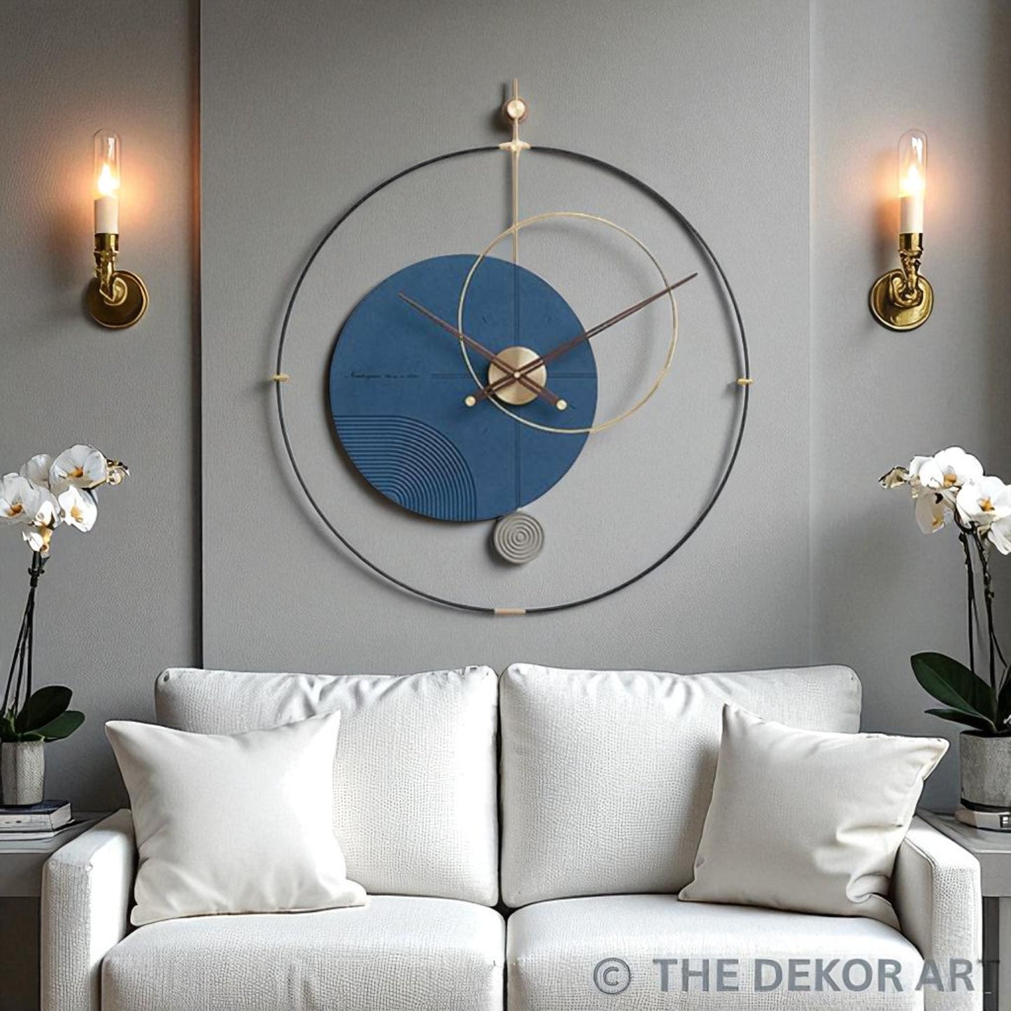 Geometric PVD Designer Wall Clock — gold detailing with blue accent; 32×36 Inches