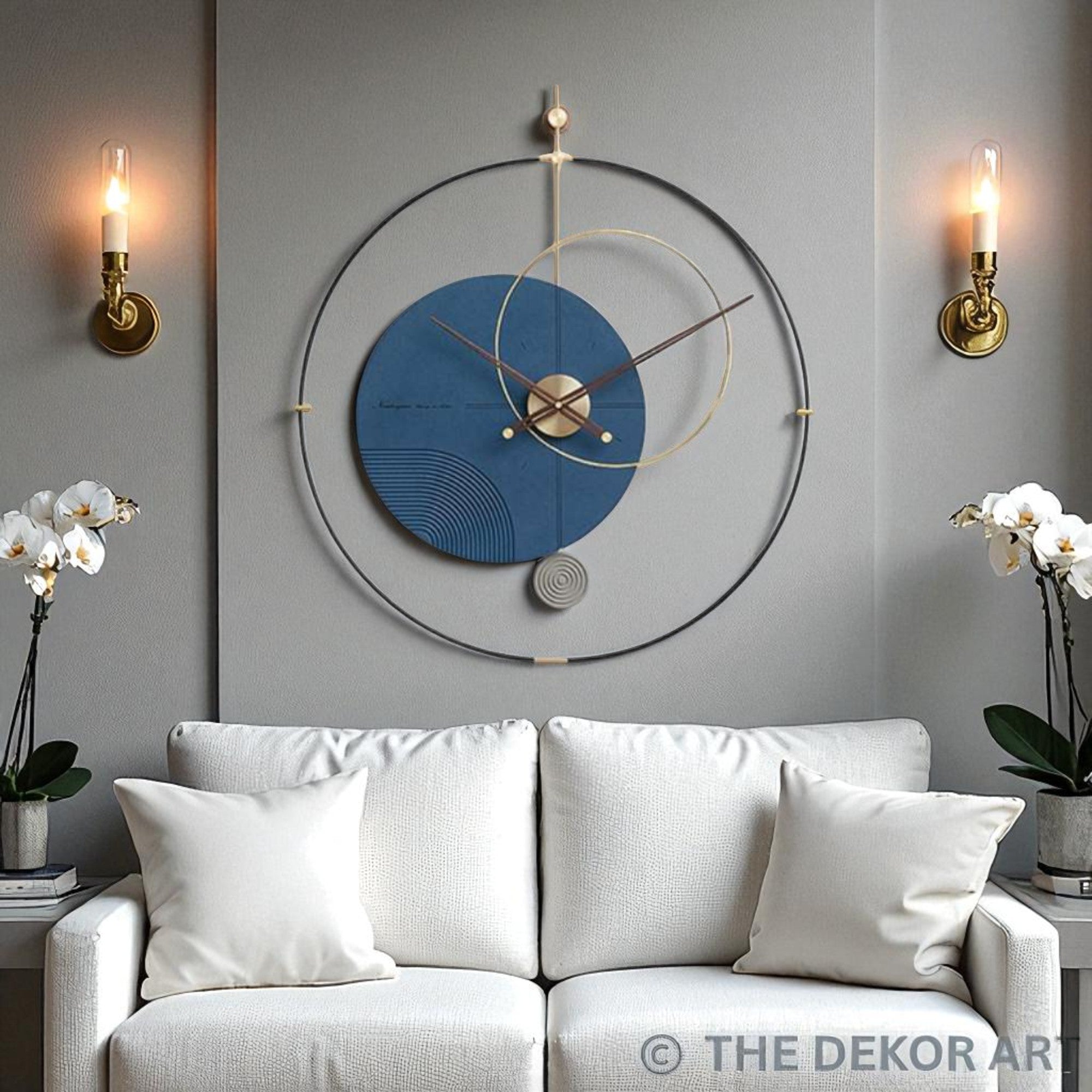 Geometric PVD Designer Wall Clock — gold detailing with blue accent; 32×36 Inches
