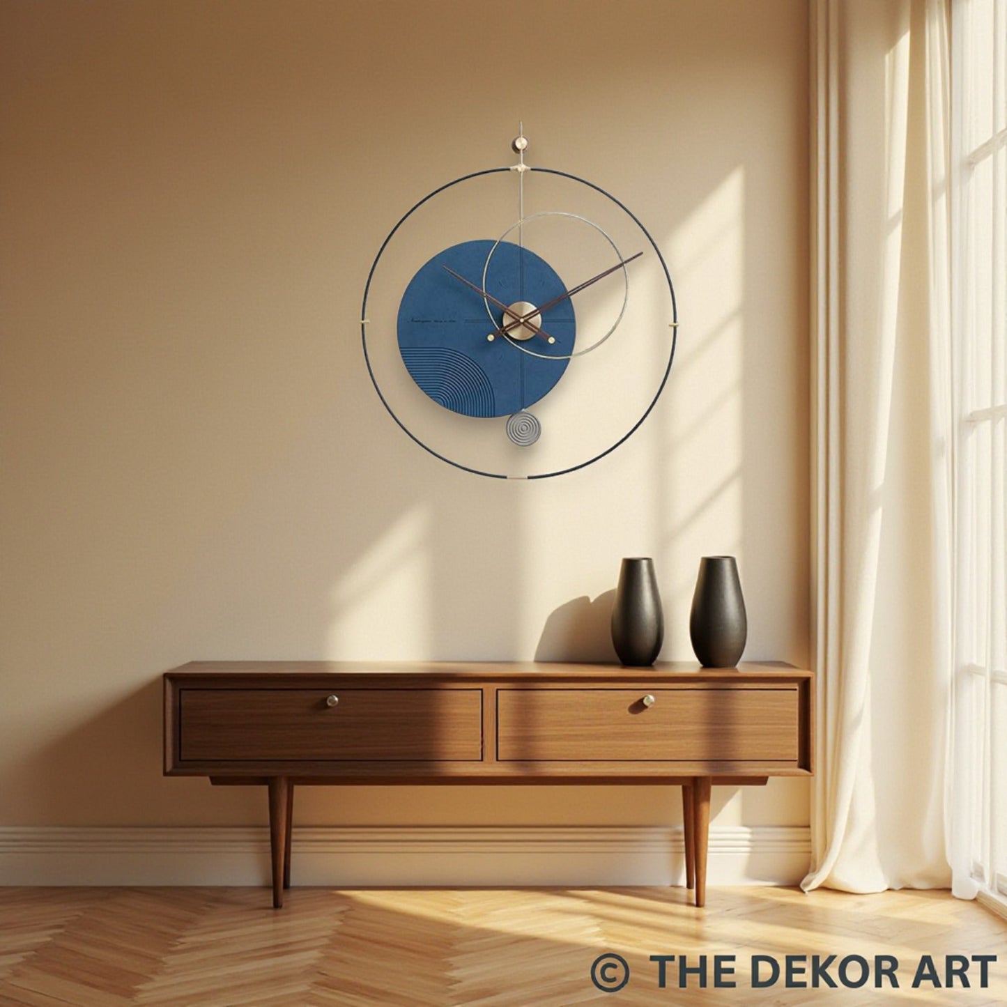 Geometric PVD Designer Wall Clock — gold detailing with blue accent; 32×36 Inches