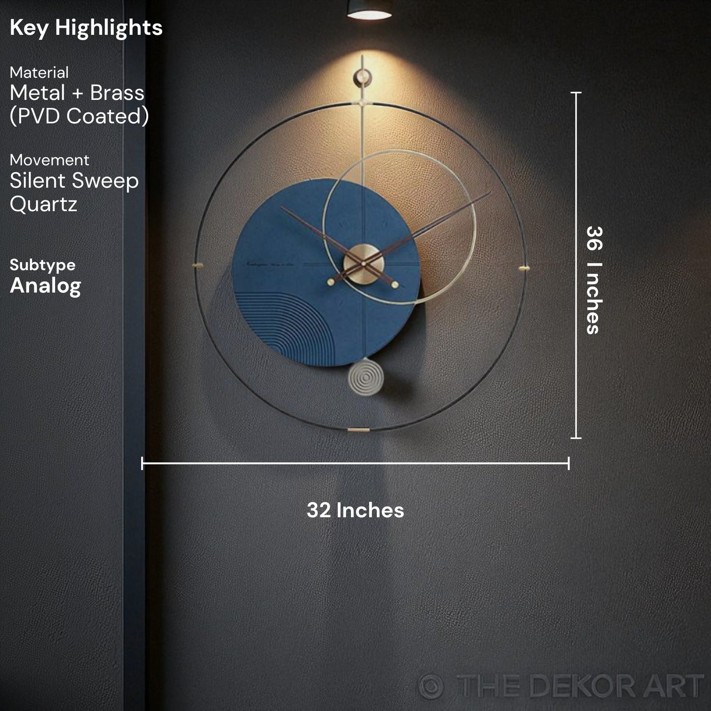 Geometric PVD Designer Wall Clock — gold detailing with blue accent; 32×36 Inches