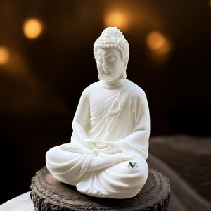 The Dekor Art White Buddha Idol for Home Decor - Peaceful Sitting Buddha Statue for Meditation, Good Luck Showpiece, Living Room Decoration, Spiritual Housewarming Gift, and Meditation Accessories
