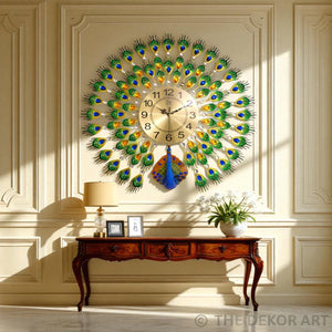 Royal Peacock Feather Wall Clock – Metal Gold Dial, 70×70 cm – Luxury Statement Decor for Living Spaces