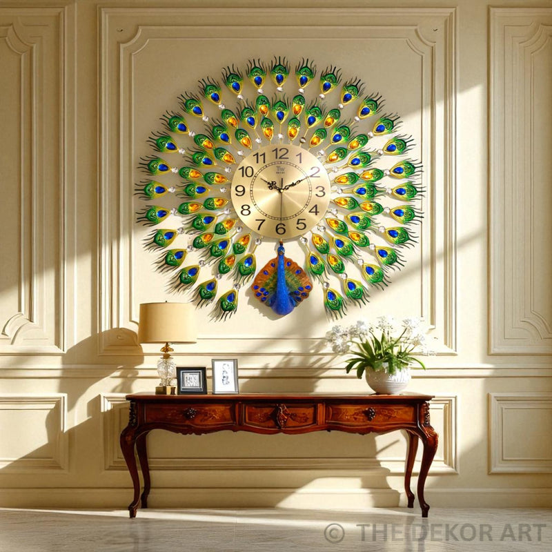 Royal Peacock Feather Wall Clock – Metal Gold Dial, 70×70 cm – Luxury Statement Decor for Living Spaces