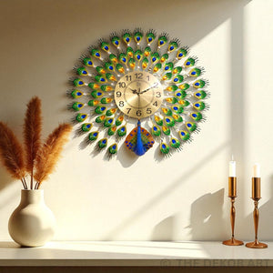 Royal Peacock Feather Wall Clock – Metal Gold Dial, 70×70 cm – Luxury Statement Decor for Living Spaces