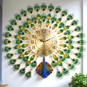 Royal Peacock Feather Wall Clock – Metal Gold Dial, 70×70 cm – Luxury Statement Decor for Living Spaces
