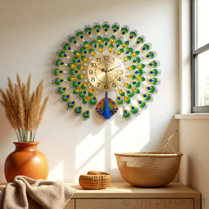 Royal Peacock Feather Wall Clock – Metal Gold Dial, 70×70 cm – Luxury Statement Decor for Living Spaces