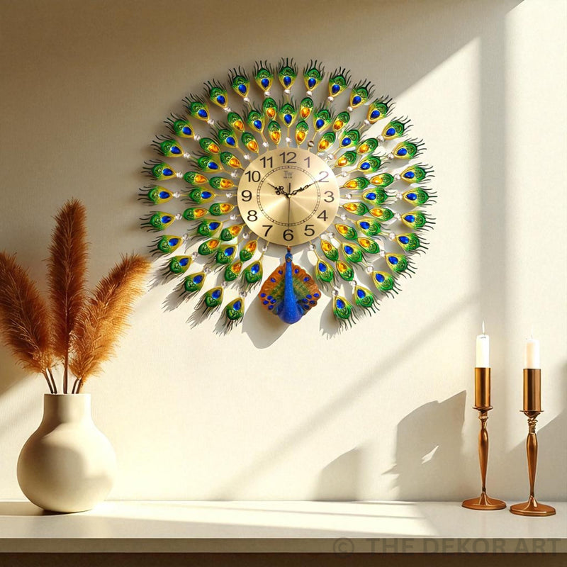 Royal Peacock Feather Wall Clock – Metal Gold Dial, 70×70 cm – Luxury Statement Decor for Living Spaces