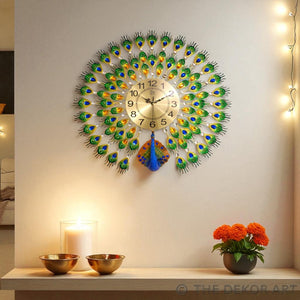Royal Peacock Feather Wall Clock – Metal Gold Dial, 70×70 cm – Luxury Statement Decor for Living Spaces