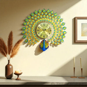 Grandeur Peacock Metal Wall Clock – Crystal-Studded Feathers, 70×68 cm – Elegant Heritage-Inspired Timepiece