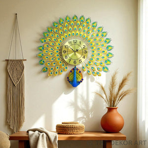 Grandeur Peacock Metal Wall Clock – Crystal-Studded Feathers, 70×68 cm – Elegant Heritage-Inspired Timepiece