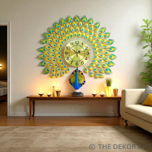 Grandeur Peacock Metal Wall Clock – Crystal-Studded Feathers, 70×68 cm – Elegant Heritage-Inspired Timepiece