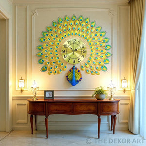 Grandeur Peacock Metal Wall Clock – Crystal-Studded Feathers, 70×68 cm – Elegant Heritage-Inspired Timepiece