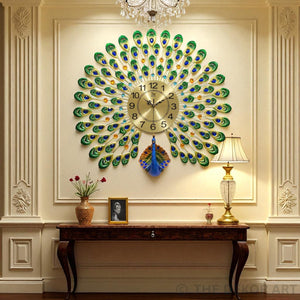 Majestic Green & Blue Peacock Wall Clock – Premium Metal Art, 70×68 cm – A Regal Touch for Modern Homes