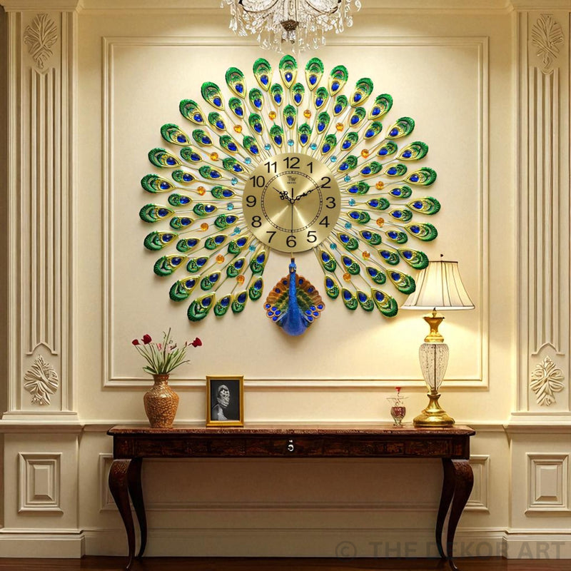 Majestic Green & Blue Peacock Wall Clock – Premium Metal Art, 70×68 cm – A Regal Touch for Modern Homes