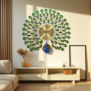 Majestic Green & Blue Peacock Wall Clock – Premium Metal Art, 70×68 cm – A Regal Touch for Modern Homes