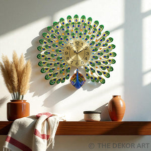 Majestic Green & Blue Peacock Wall Clock – Premium Metal Art, 70×68 cm – A Regal Touch for Modern Homes