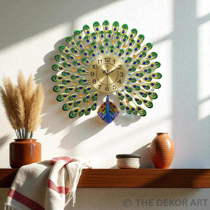 Majestic Green & Blue Peacock Wall Clock – Premium Metal Art, 70×68 cm – A Regal Touch for Modern Homes