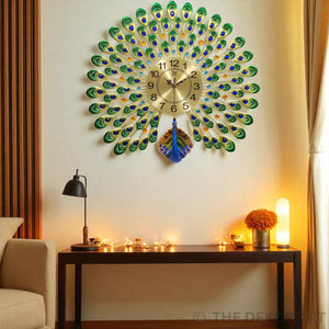 Majestic Green & Blue Peacock Wall Clock – Premium Metal Art, 70×68 cm – A Regal Touch for Modern Homes