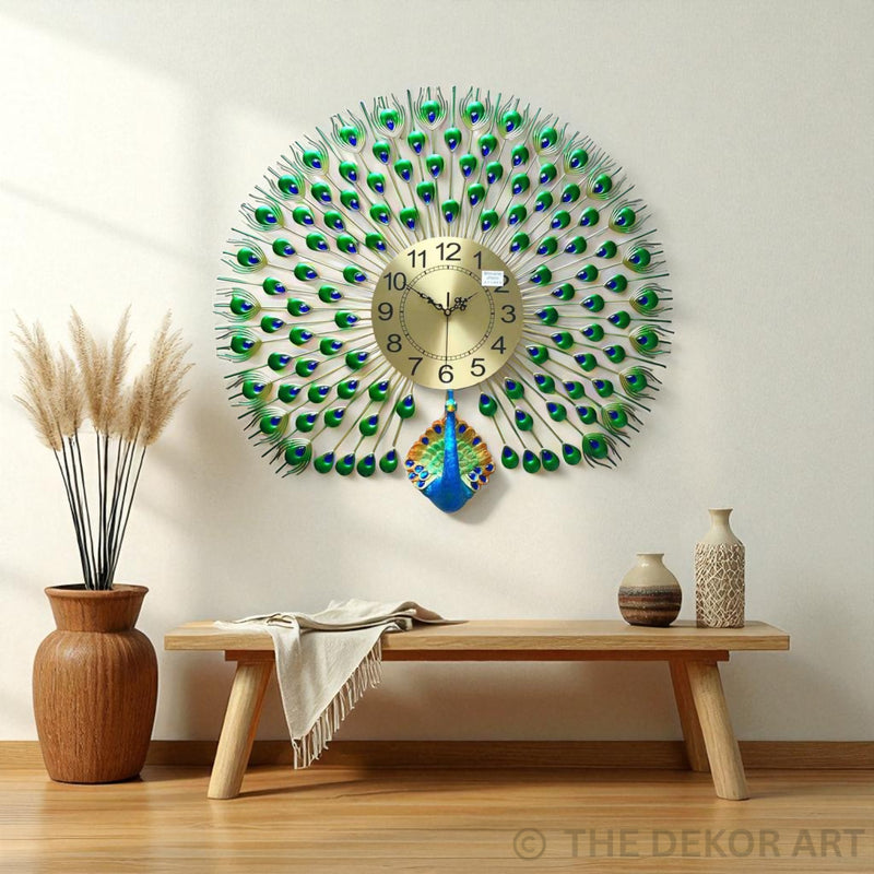 Elegant Peacock Metal Wall Clock – Radiant Gold Dial, 70×65 cm – Opulent Decor for Hall & Lounge
