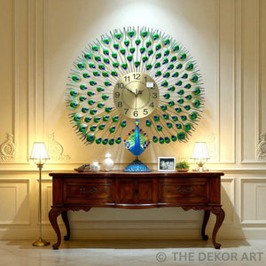 Elegant Peacock Metal Wall Clock – Radiant Gold Dial, 70×65 cm – Opulent Decor for Hall & Lounge