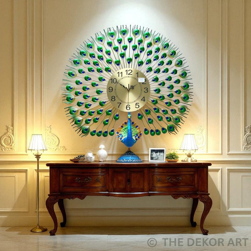 Elegant Peacock Metal Wall Clock – Radiant Gold Dial, 70×65 cm – Opulent Decor for Hall & Lounge
