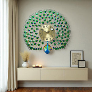 Elegant Peacock Metal Wall Clock – Radiant Gold Dial, 70×65 cm – Opulent Decor for Hall & Lounge