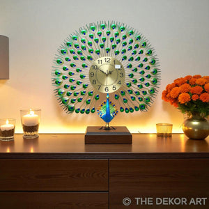 Elegant Peacock Metal Wall Clock – Radiant Gold Dial, 70×65 cm – Opulent Decor for Hall & Lounge