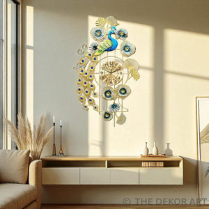Designer Peacock Art Metal Wall Clock – Floral Motif with Gold Grid, 100×55 cm – Statement Luxury Living Decor