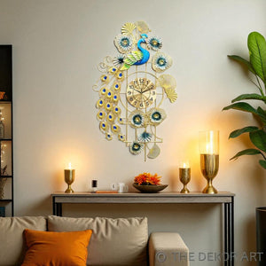 Designer Peacock Art Metal Wall Clock – Floral Motif with Gold Grid, 100×55 cm – Statement Luxury Living Decor