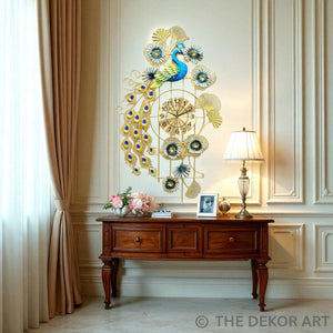 Designer Peacock Art Metal Wall Clock – Floral Motif with Gold Grid, 100×55 cm – Statement Luxury Living Decor