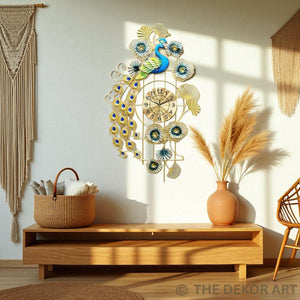 Designer Peacock Art Metal Wall Clock – Floral Motif with Gold Grid, 100×55 cm – Statement Luxury Living Decor