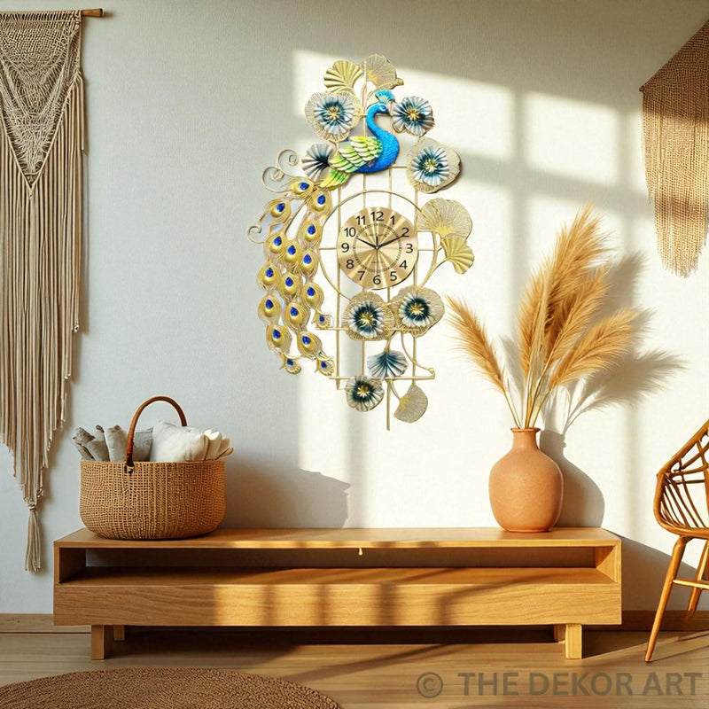 Designer Peacock Art Metal Wall Clock – Floral Motif with Gold Grid, 100×55 cm – Statement Luxury Living Decor