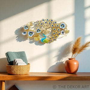 Ornamental Peacock Metal Wall Clock – Horizontal Floral Design, 100×55 cm – Premium Wall Accent for Dining Areas