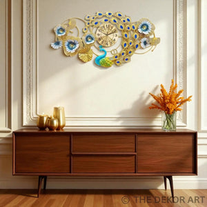 Ornamental Peacock Metal Wall Clock – Horizontal Floral Design, 100×55 cm – Premium Wall Accent for Dining Areas