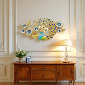 Ornamental Peacock Metal Wall Clock – Horizontal Floral Design, 100×55 cm – Premium Wall Accent for Dining Areas