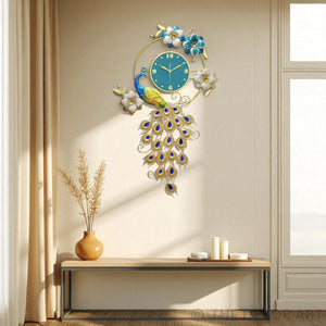 Vertical Peacock Metal Wall Clock – Botanical Art with Turquoise Dial, 105×60 cm – Luxury Entryway Statement Piece