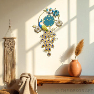 Vertical Peacock Metal Wall Clock – Botanical Art with Turquoise Dial, 105×60 cm – Luxury Entryway Statement Piece