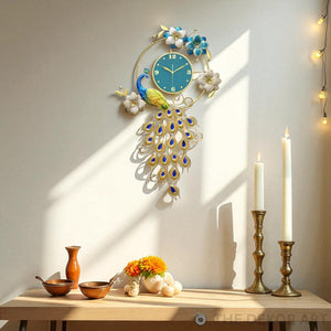 Vertical Peacock Metal Wall Clock – Botanical Art with Turquoise Dial, 105×60 cm – Luxury Entryway Statement Piece