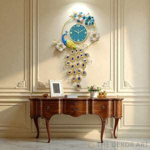 Vertical Peacock Metal Wall Clock – Botanical Art with Turquoise Dial, 105×60 cm – Luxury Entryway Statement Piece