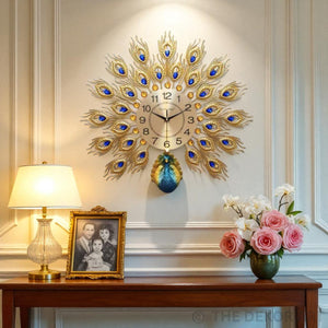 Compact Peacock Feather Metal Wall Clock – Gold & Sapphire Finish, 50×50 cm – Elegant Accent for Any Room
