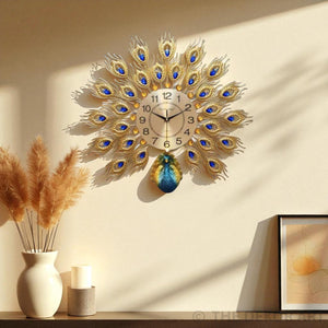 Compact Peacock Feather Metal Wall Clock – Gold & Sapphire Finish, 50×50 cm – Elegant Accent for Any Room