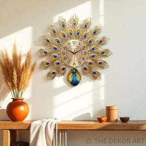 Compact Peacock Feather Metal Wall Clock – Gold & Sapphire Finish, 50×50 cm – Elegant Accent for Any Room